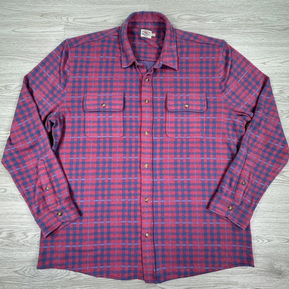 Faherty Mens Knit Shirt Plaid Flannel Button Down Pink Blue XXL Long Sleeve